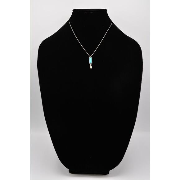 Cabochon Pendant Necklace Silver Tone Chain Faux Turquoise Inlay Dangle Bin7A - Picture 3 of 12